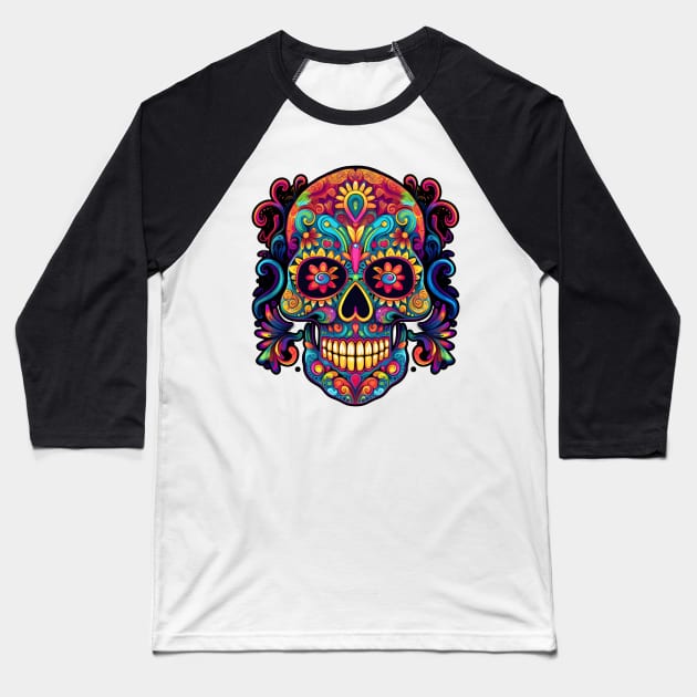 Day of the Dead Skull (Dia De Los Muertos) Baseball T-Shirt by iconymous